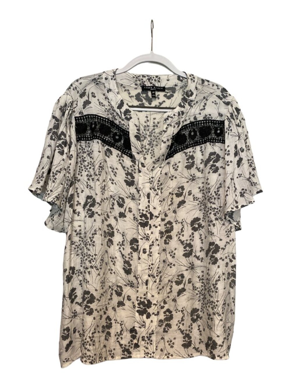 Como Black Floral w/ Crochet Short Sleeve Top Black , White & Gray Women's Sz 3X